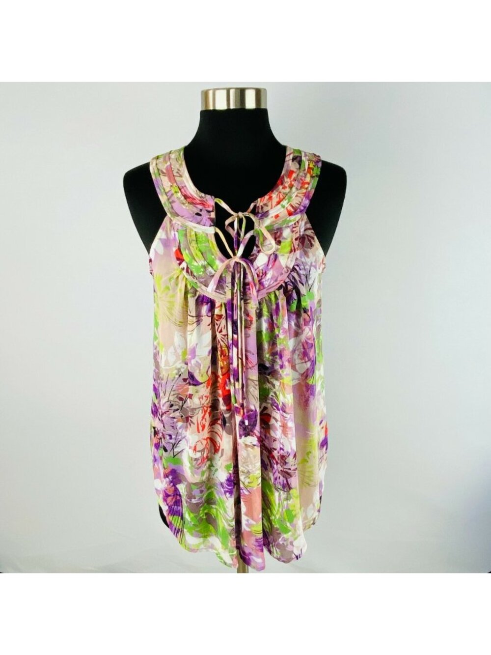 Allen B Womens Top Sleeveless Colorful Floral Tie Accents Pretty Summer S